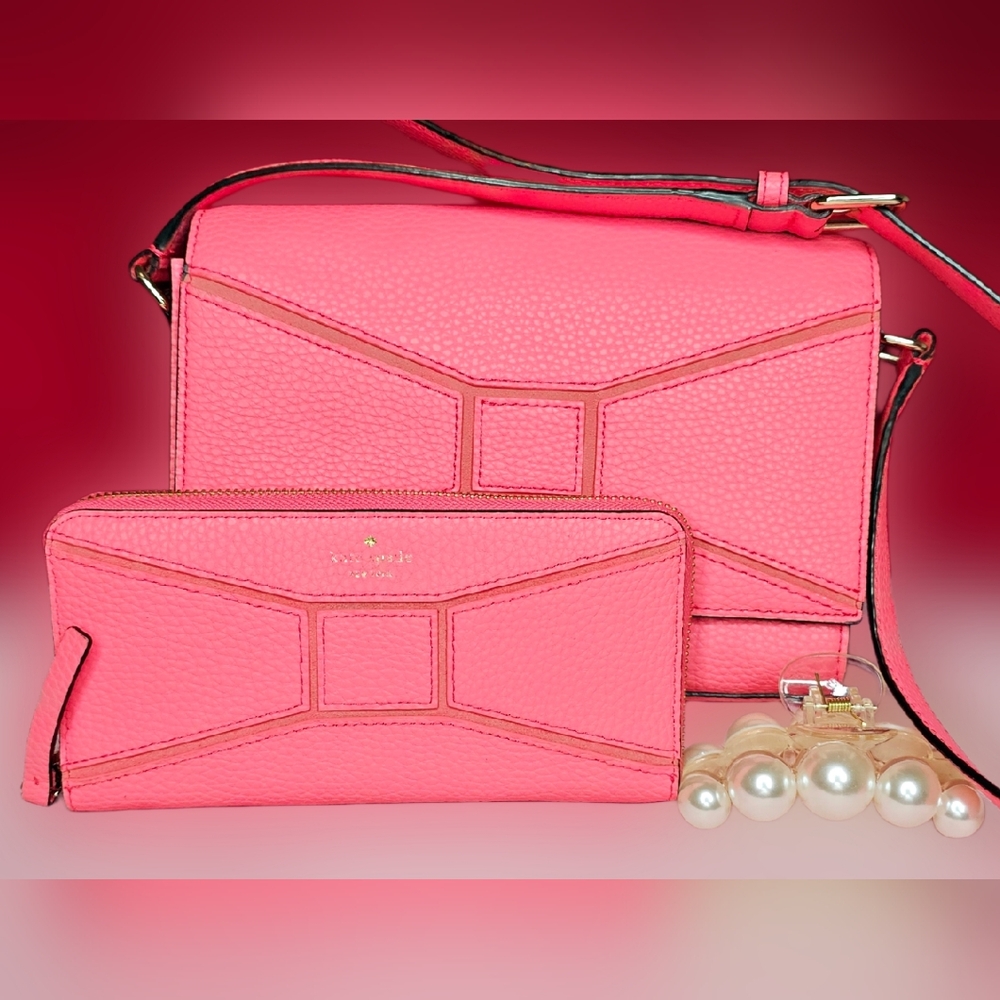 🦩 Kate Spade ♠️ Pebbled Leather 🍒 Shoulder Crossbody + Matching Zip Wallet